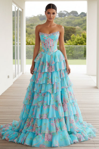 New Arrival A Line Scoop Neck Floral Chiffon Prom Dress with Beading