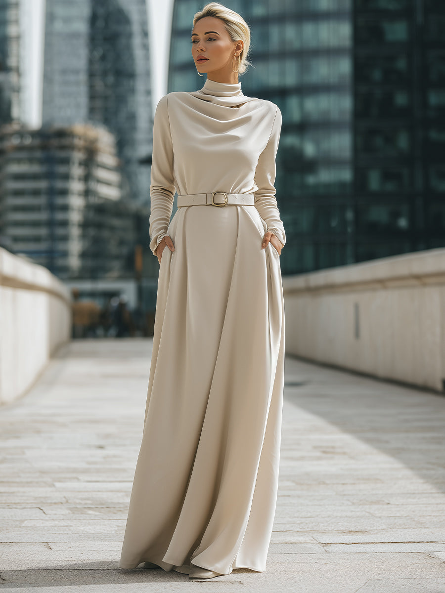 Ivory Draped High-Neck Belted Maxi Dress