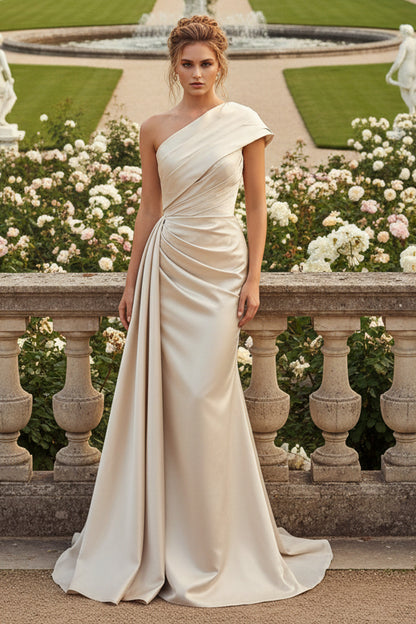 Simple Ruched Bodice Asymmetric Evening Gown