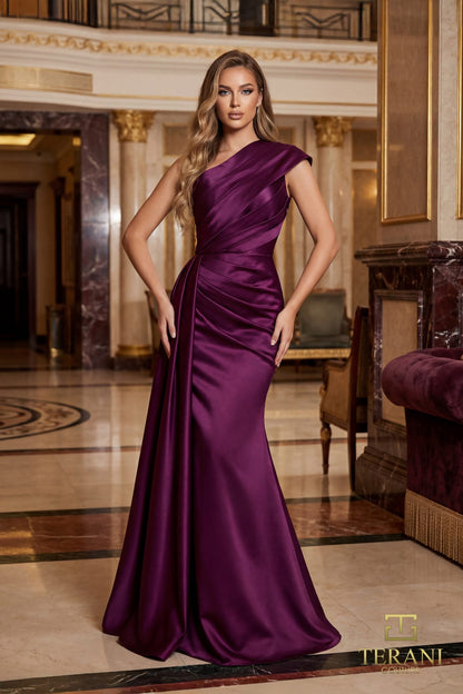 Simple Ruched Bodice Asymmetric Evening Gown