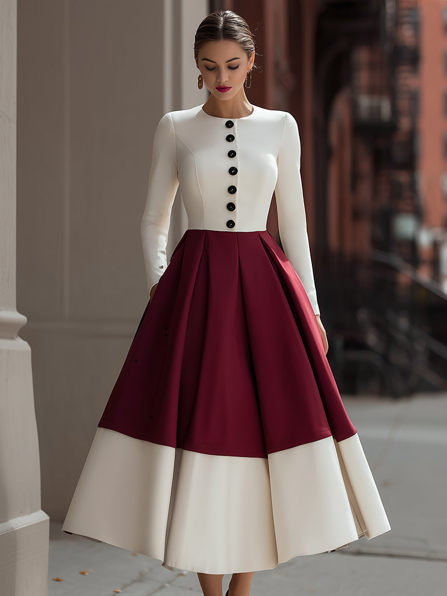 Ivory And Burgundy Colorblock Midi Dress With Button Detail