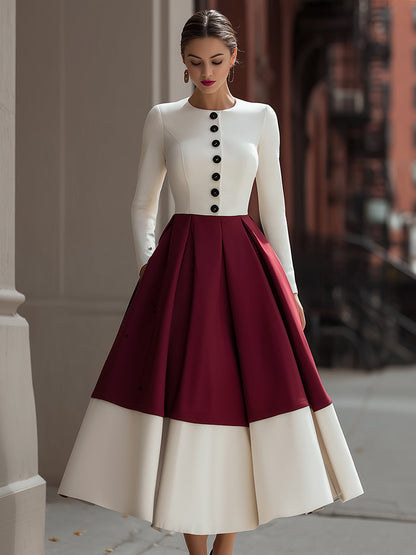 Ivory And Burgundy Colorblock Midi Dress With Button Detail