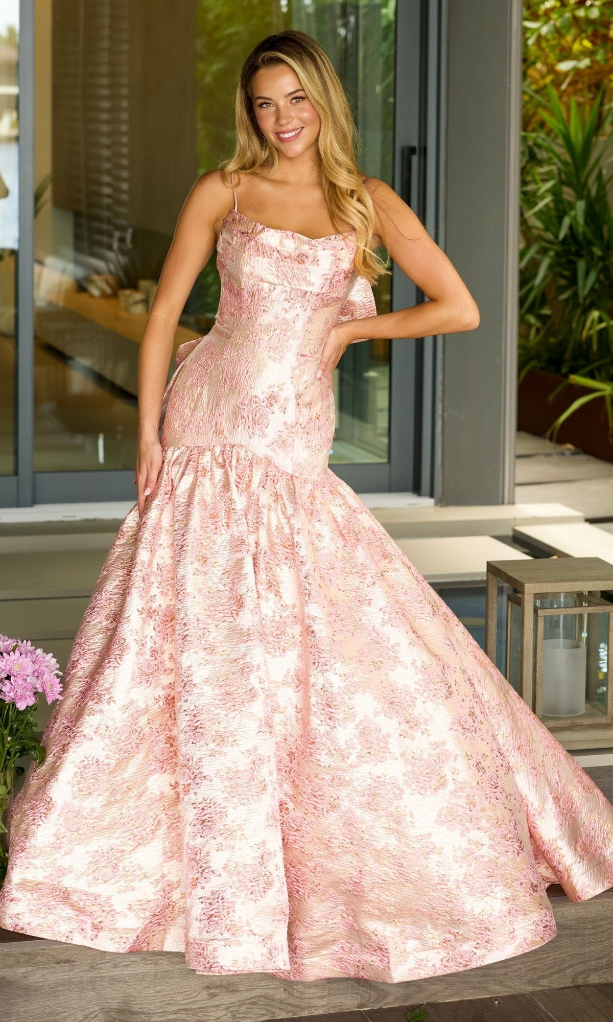 Drop-Waist Long Print Prom Gown