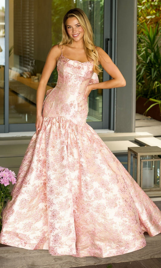 Drop-Waist Long Print Prom Gown