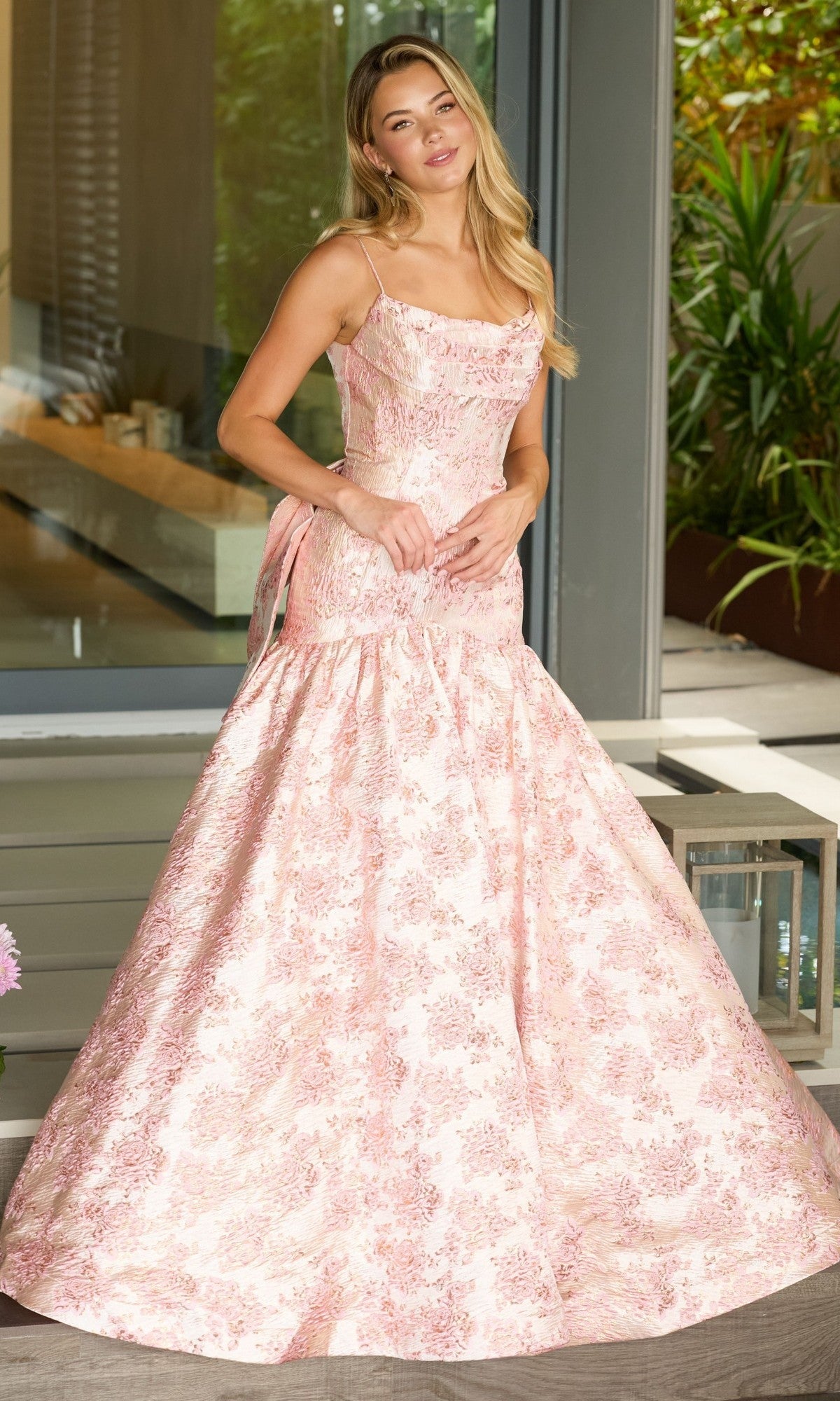 Drop-Waist Long Print Prom Gown