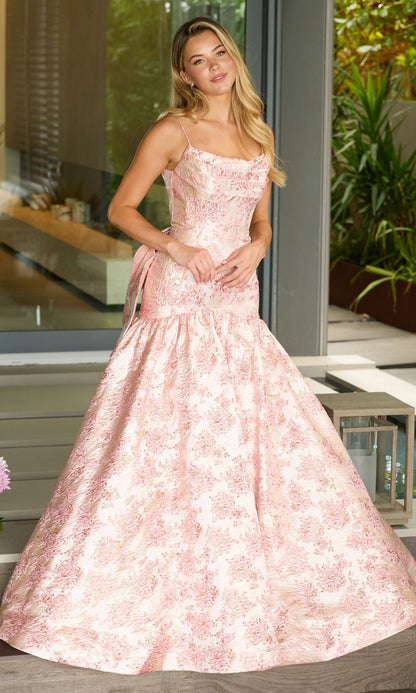 Drop-Waist Long Print Prom Gown