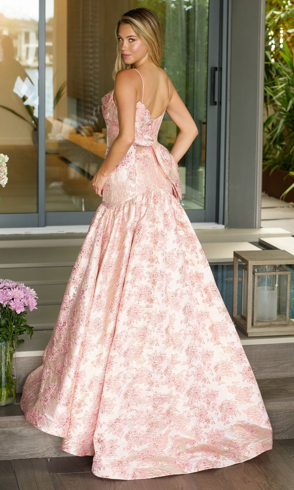 Drop-Waist Long Print Prom Gown