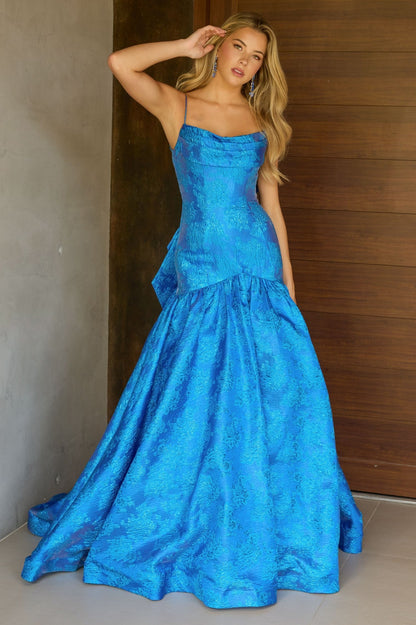Drop-Waist Long Print Prom Gown