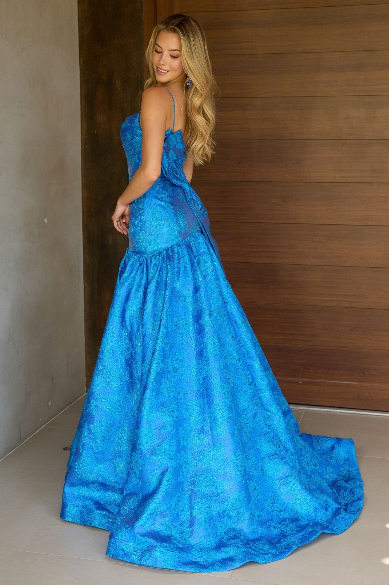 Drop-Waist Long Print Prom Gown