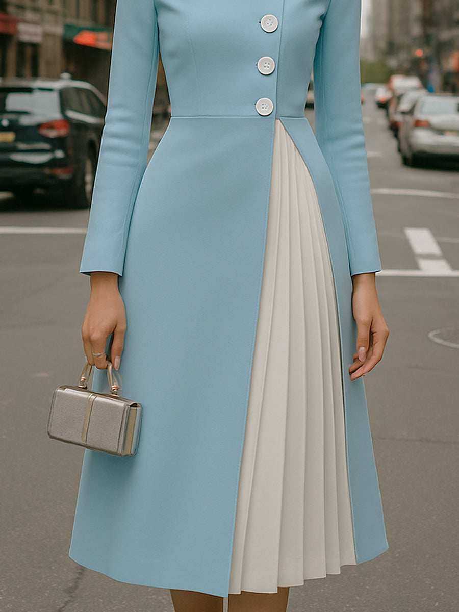 Elegant High-Neck Pleated Panel Midi Dress