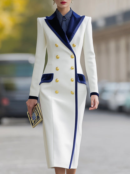 White & Navy Contrast Double-Breasted Dress