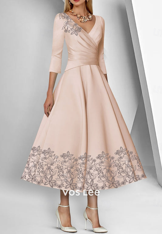 A-Line 3/4 Sleeve Floral Embellished Pleated Mother of Bride Dresses