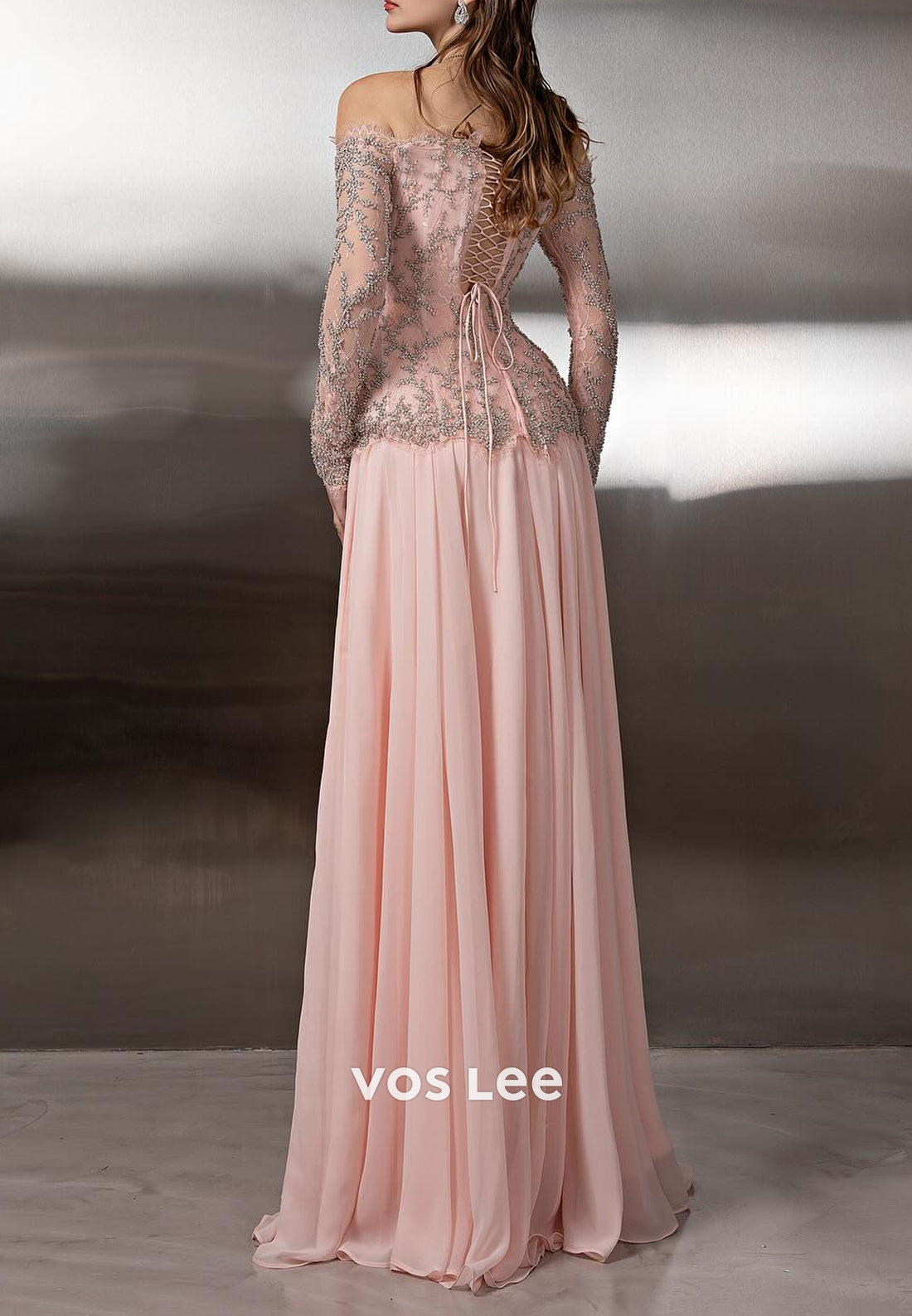 Pink Off the Shoulder Long Sleeve Beaded A-Line Pleated Prom Dresses