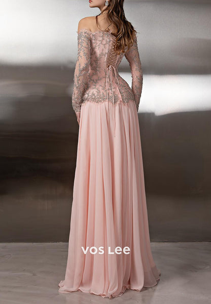 Pink Off the Shoulder Long Sleeve Beaded A-Line Pleated Prom Dresses