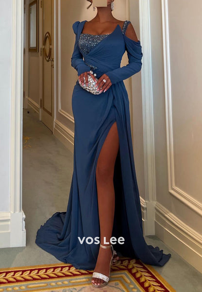Long Sleeve Asymmetrical Neck Rhinestone Pleated Sheath Evening Dresses with Sweep Train