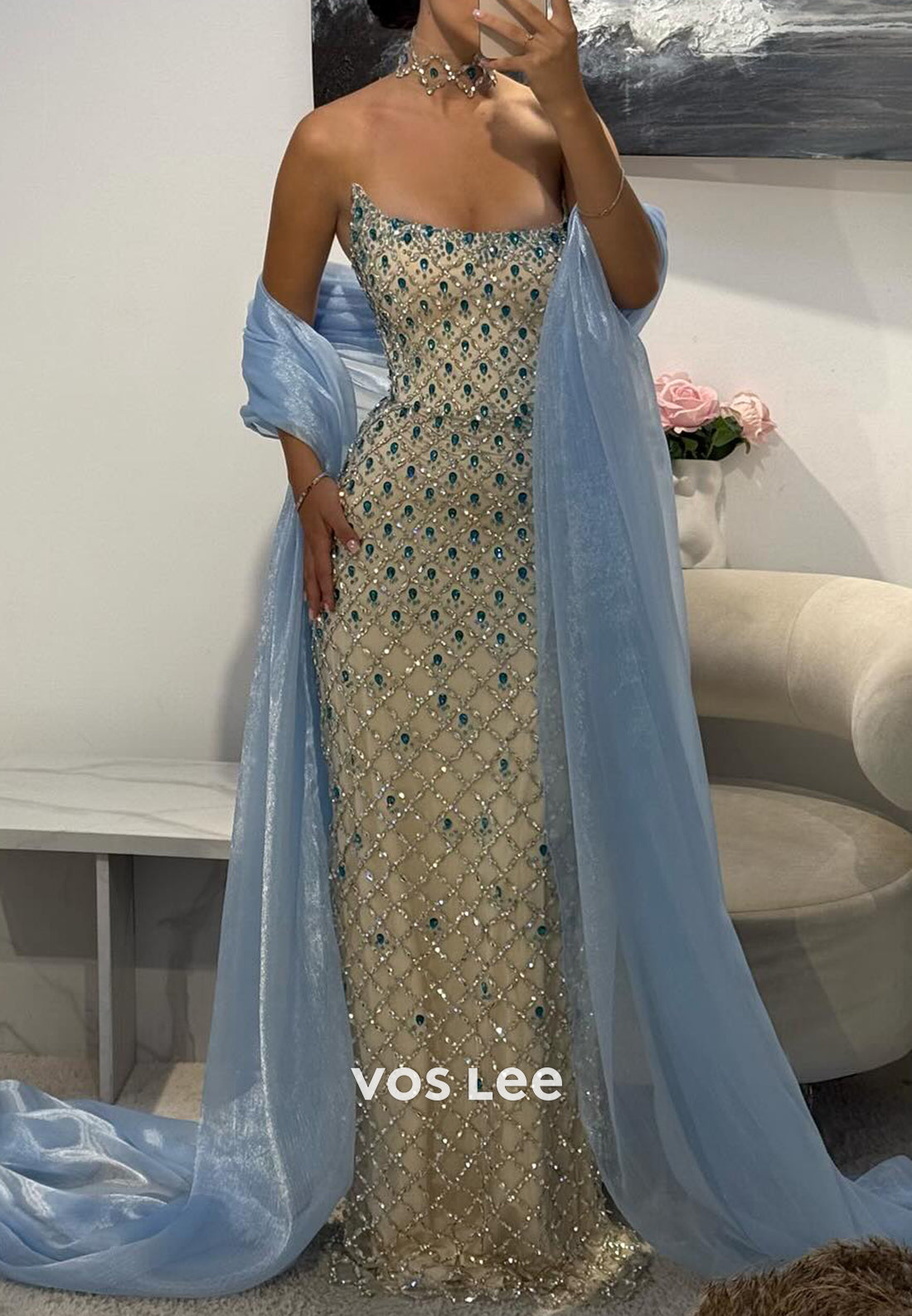 Scoop Strapless Rhinestone Embellished Floor-Length Mermaid Prom Dresses