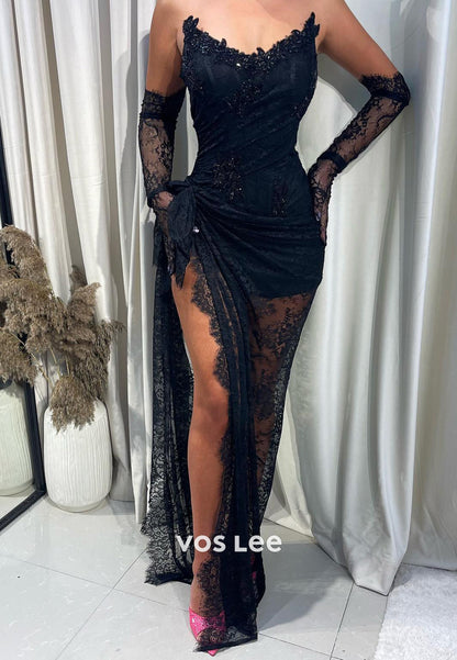 Illusion & Sheer Strapless Lace Beaded Mermaid Long Evening Dresses with Side Split