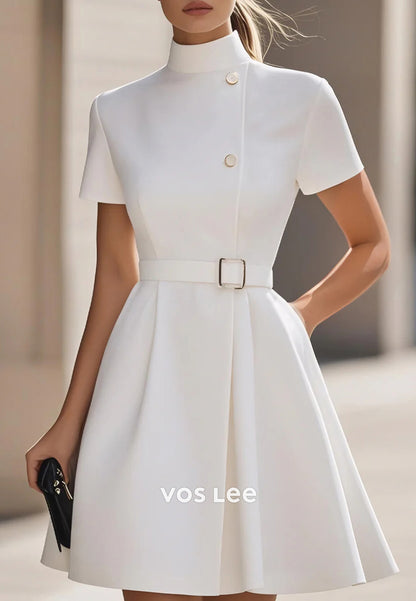 Mini & Short A-Line Short Sleeve High Neck Pleated Wedding Guest Dresses Party Dresses