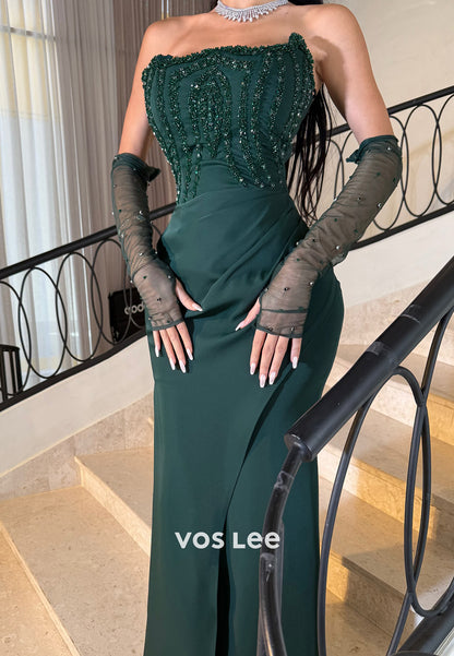 Strapless Beaded Embellished Floor-Length Pleated Mermaid Evening Dresses