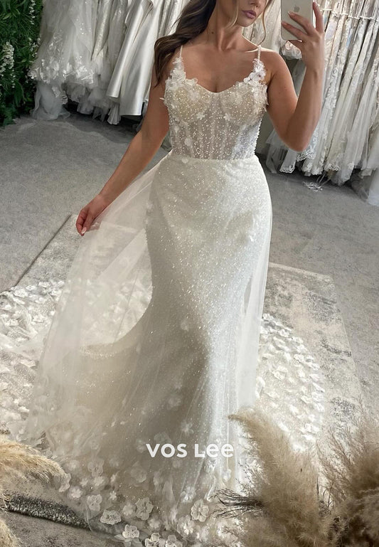 Spaghetti Straps Scoop Appliques Lace Pleated Mermaid Wedding Dresses with Court Train