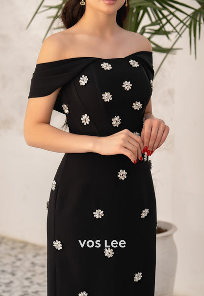 Off the Shoulder Rhinestone Embellished Sheath Prom Dresses Evening Dresses