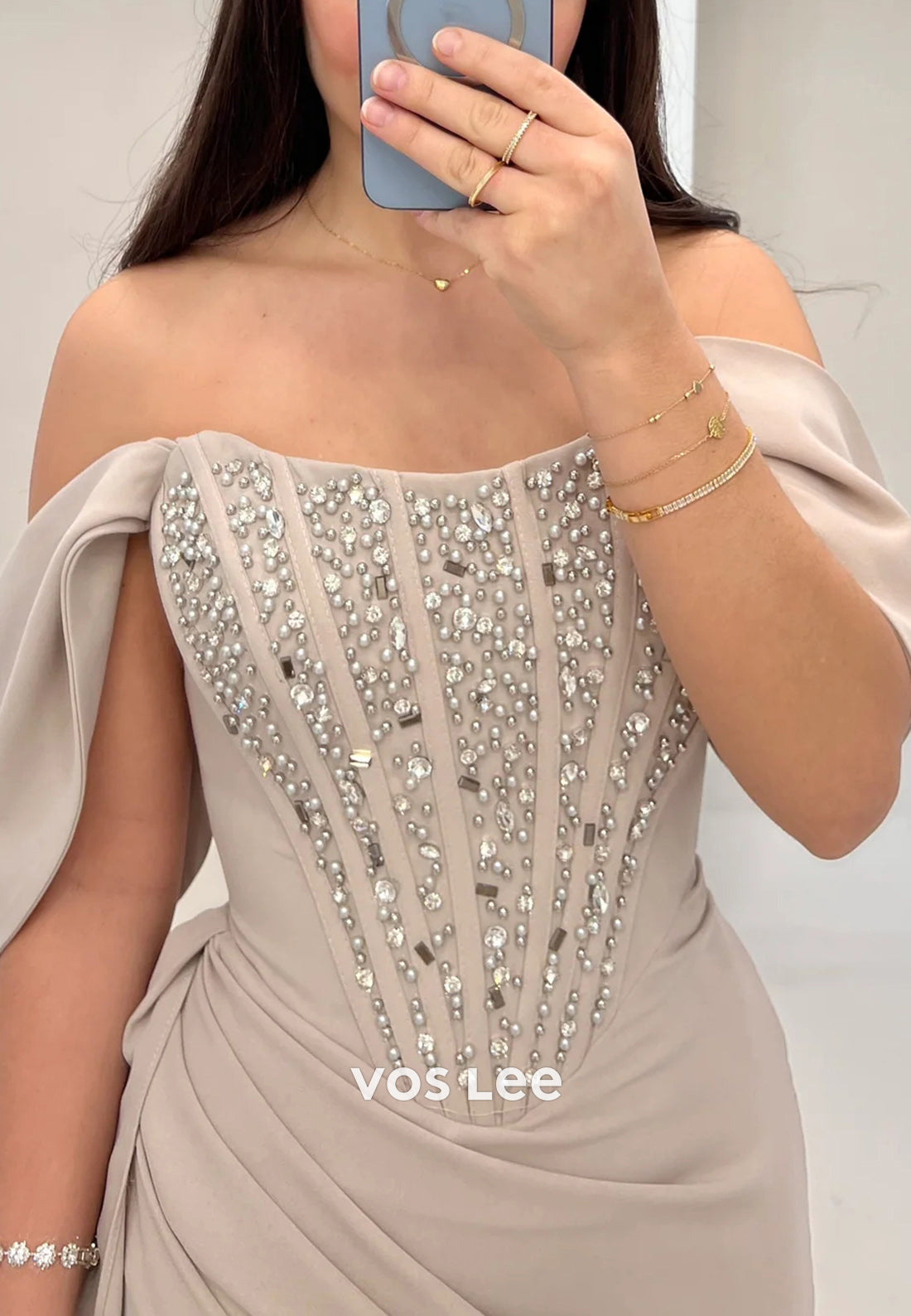 Off the Shoulder Pearls Rhinestone Pleated Mermaid Evening Dresses with Sweep Train