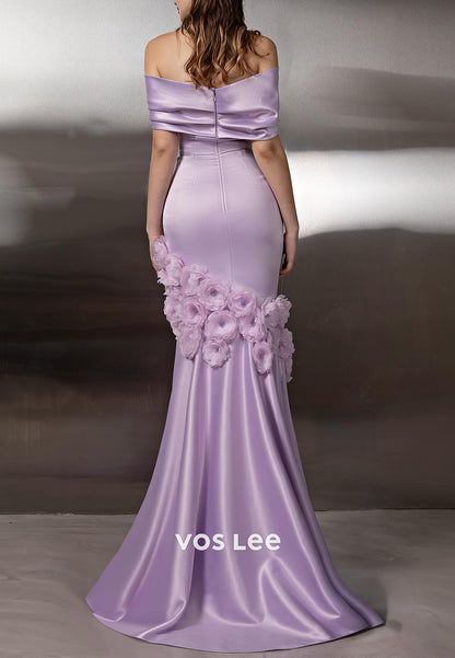Lavender Off the Shoulder Floral Embossed Pleated Trumpet Prom Dresses
