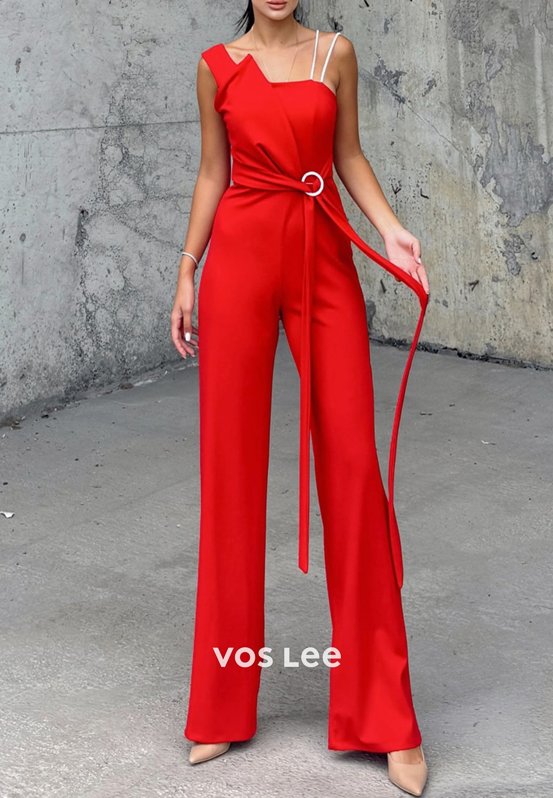 Asymmetrical Neck Satin Pleated Jumpsuit
