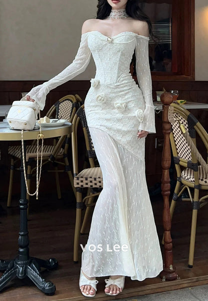 Long Sleeve Sweetheart Rhinestone Flowers Pearls Sheath Ankle-Length Evening Dresses