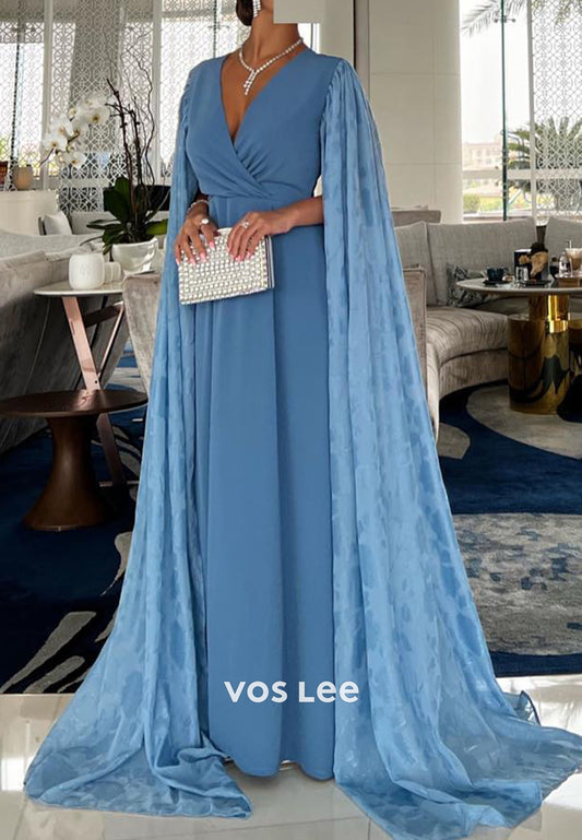 A-Line Long Sleeve V Neck Pleated Evening Dresses with Sweep Train