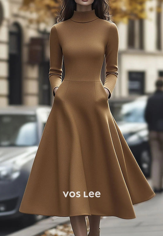 Simple & Classic A-Line Long Sleeve High Neck Wedding Guest Dresses with Pockets