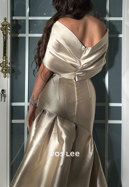 High Low Off the Shoulder Pleated Sheath Evening Dresses with Court Train