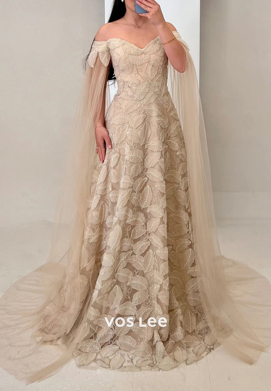A-Line Off the Shoulder Appliqued Beading Pleated Evening Dresses with Court Train