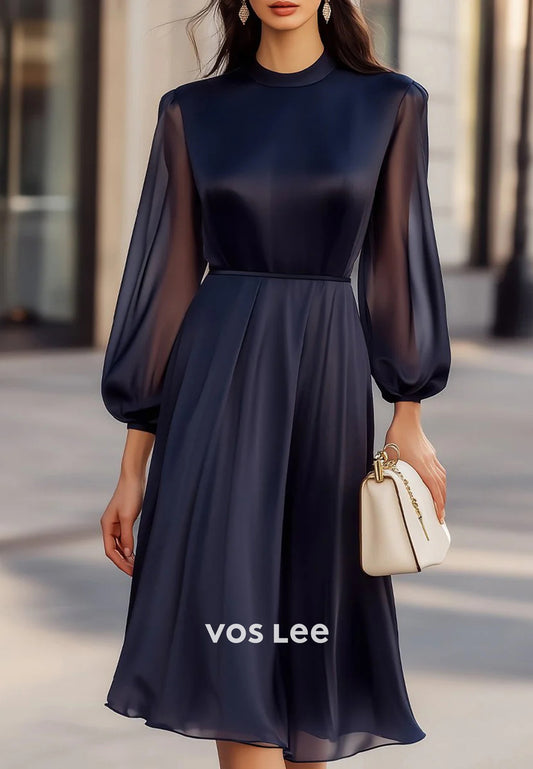 Classic A-Line Long Sleeve Scoop Knee-Length Pleated Wedding Guest Dresses
