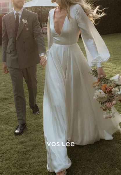 Couture Long Sleeve V Neck Backless Pleated Sheath Wedding Dresses with Sweep Train