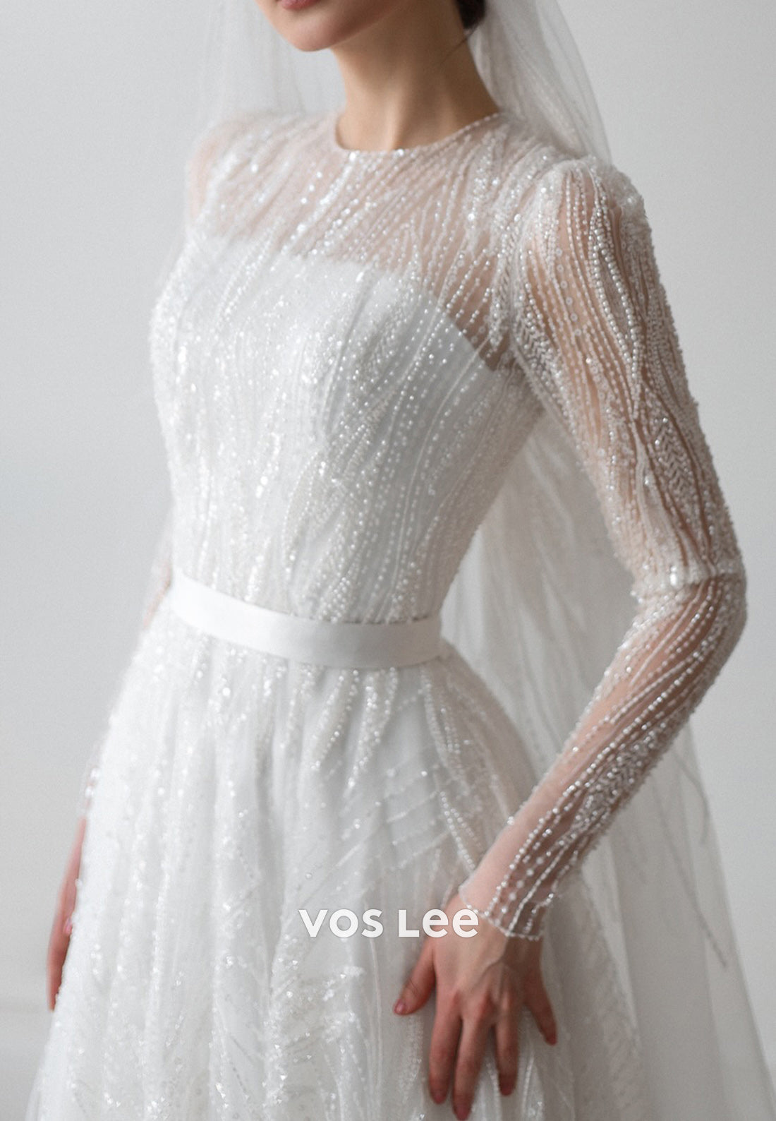 A-Line Long Sleeve Scoop Beaded Tulle Pleated Wedding Dresses with Court Train