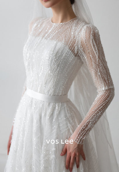 A-Line Long Sleeve Scoop Beaded Tulle Pleated Wedding Dresses with Court Train