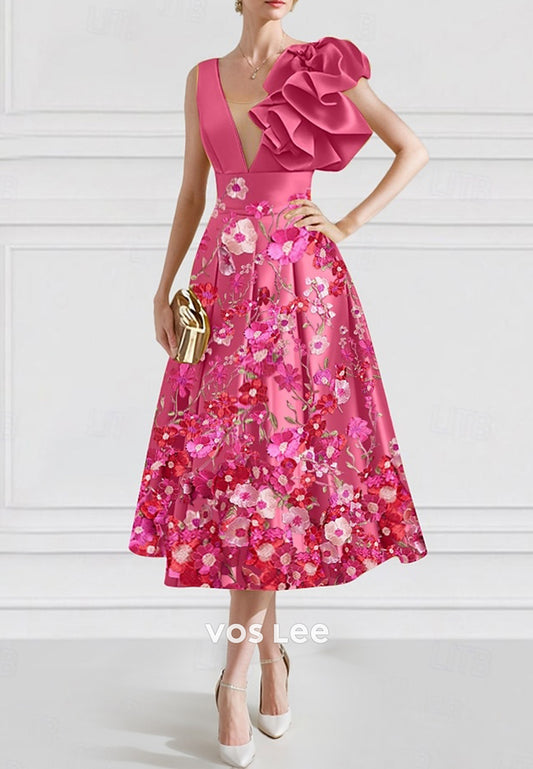 A-Line Plunging V Neck Tea-Length Appliqued Pleated Evening Dresses