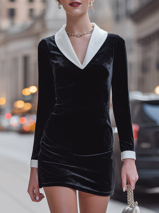 Velvet Contrast Collar Long Sleeve Mini Dress