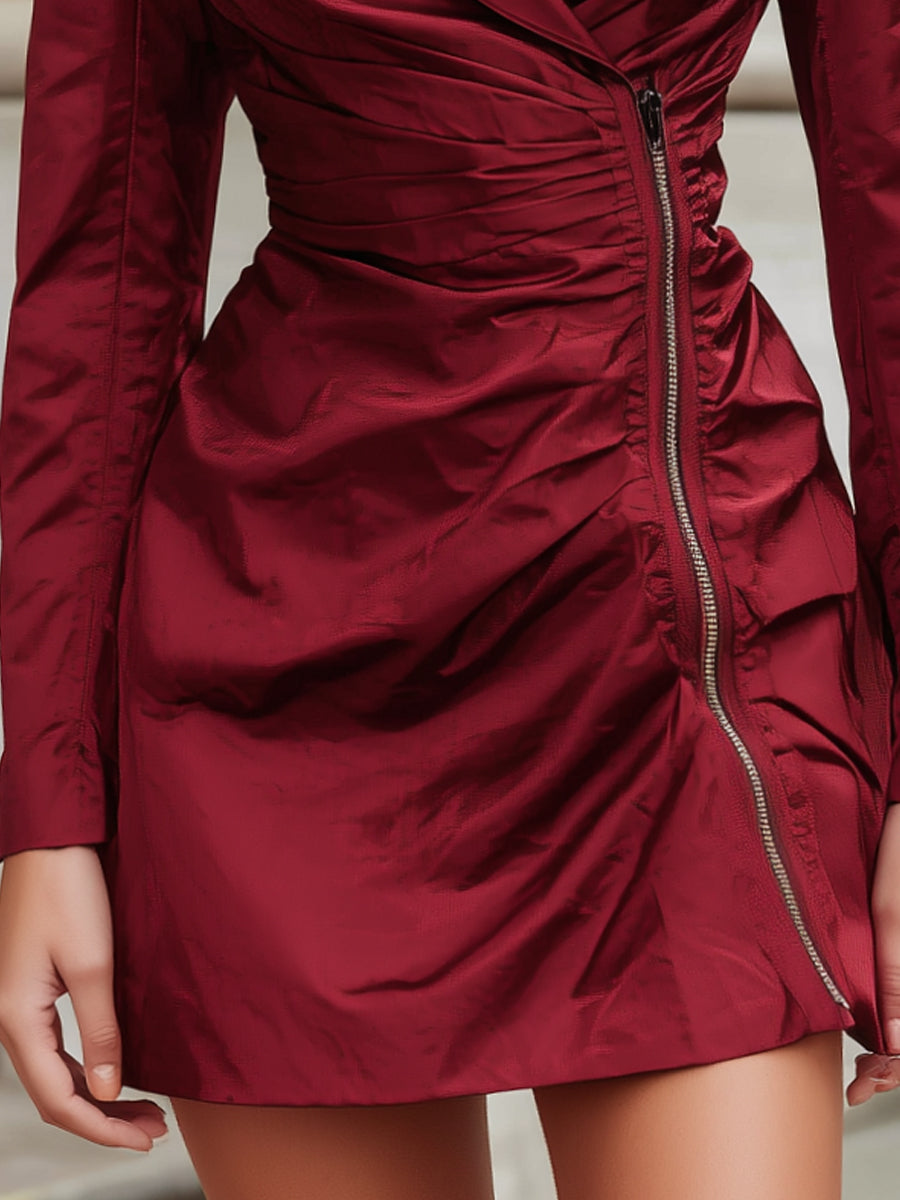 VOS LEE Crimson Asymmetrical Zip Satin Dress