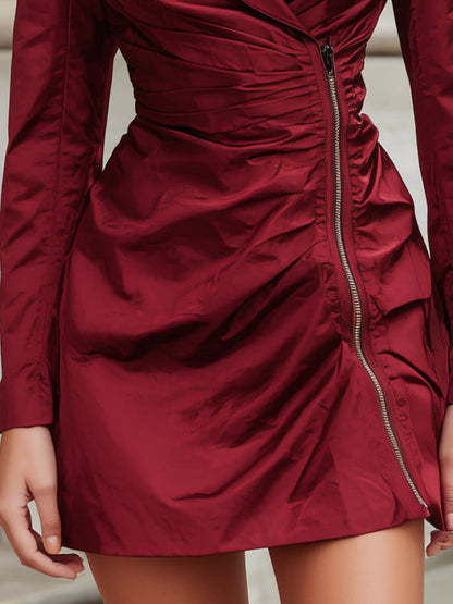 VOS LEE Crimson Asymmetrical Zip Satin Dress