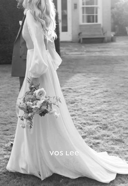 Couture Long Sleeve V Neck Backless Pleated Sheath Wedding Dresses with Sweep Train