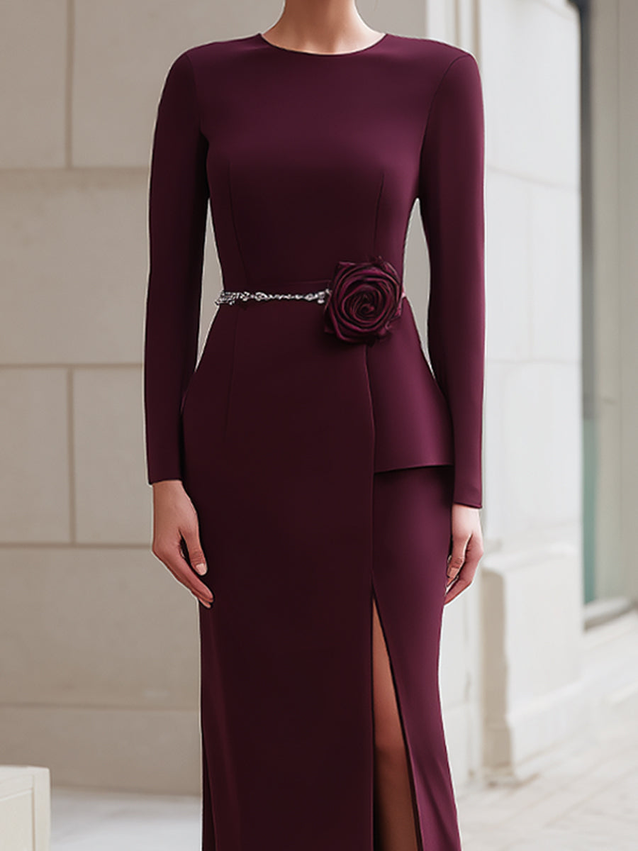 Burgundy Evening Gown With Rose Accent And Chain Belt