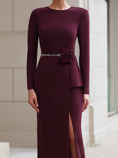 Burgundy Evening Gown With Rose Accent And Chain Belt