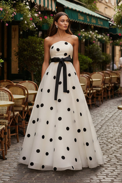 White Strapless Polka Dot Organza Gown With Satin Bow