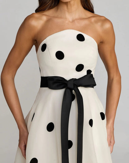 White Strapless Polka Dot Organza Gown With Satin Bow
