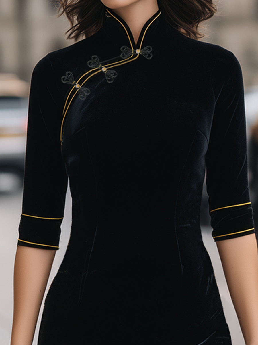 Elegant Velvet Mandarin Collar Dress With Gold Piping