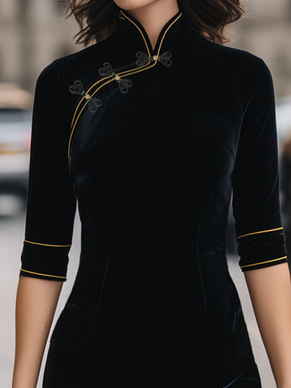 Elegant Velvet Mandarin Collar Dress With Gold Piping