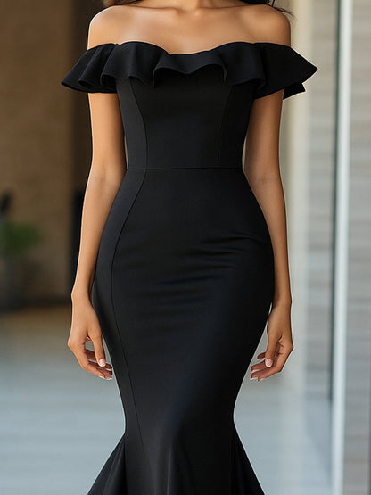 Black Off-Shoulder Ruffled Mermaid Gown