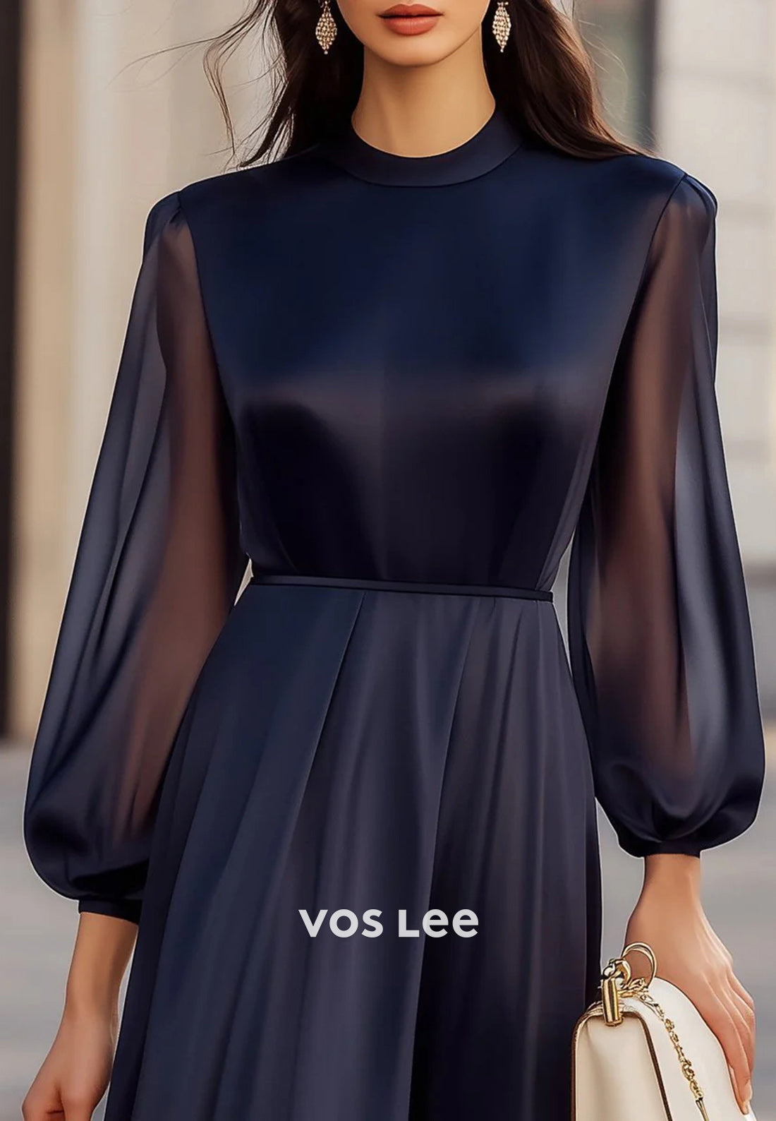 Classic A-Line Long Sleeve Scoop Knee-Length Pleated Wedding Guest Dresses